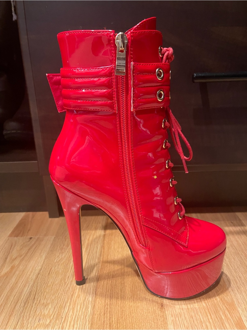 Glossy Red Patent Lace-Up Platform Ankle Boots